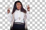 A Happy, peace sign hands and black woman portrait of a business worker with a smile excited. White background, employee and professional african female with cool gan sign isolated and content isolated on a png background