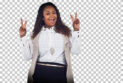 Buy stock photo Business, portrait or happy black woman with peace sign or smile isolated on transparent png background. Hand gesture or excited African person standing with positive mindset or motivation in company