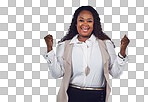 A Portrait, black woman for success, winner and startup goal. Face, happy and small business owner excited for victory, wow and good news development celebration isolated on a png background