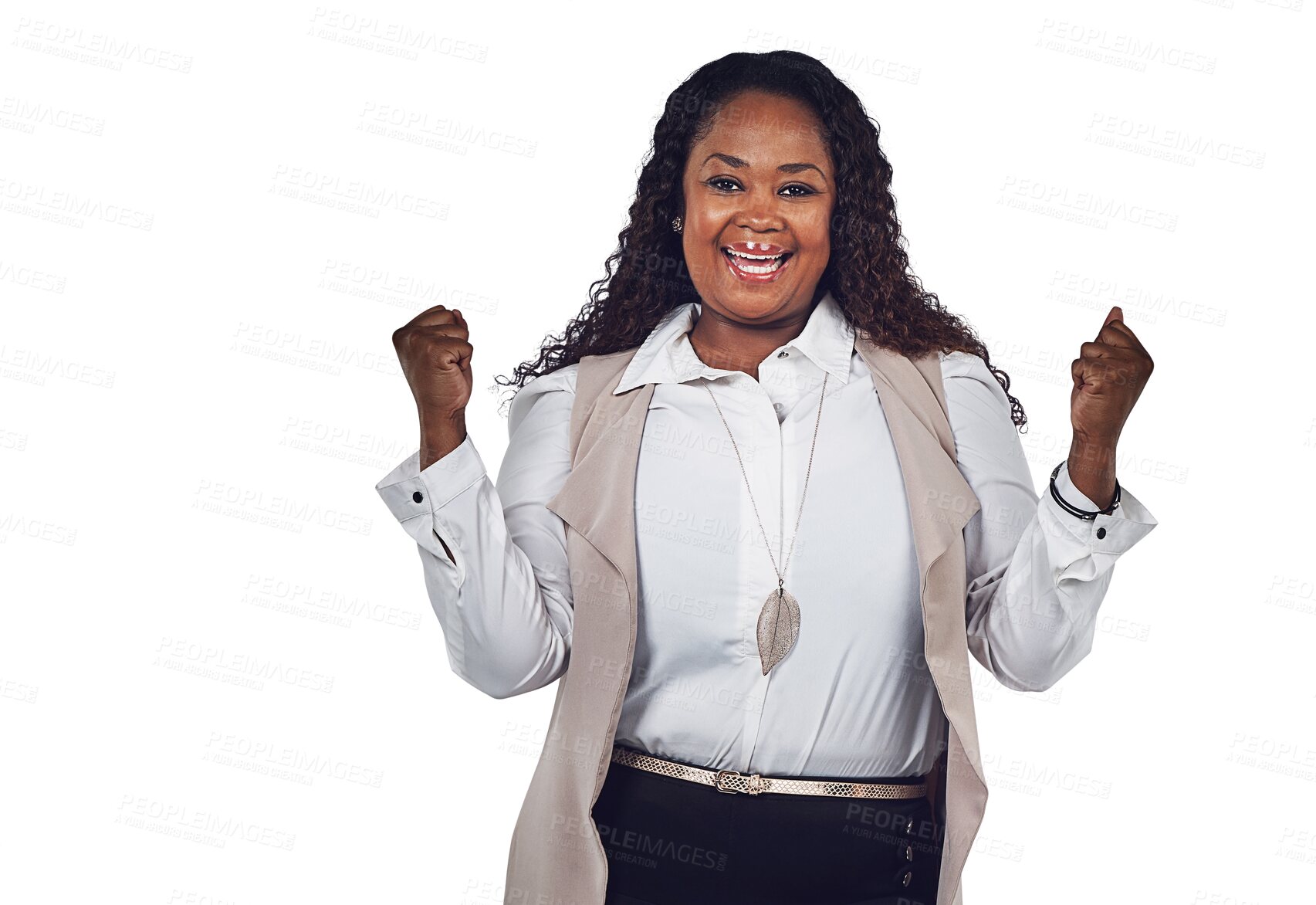 Buy stock photo Happy woman, success portrait and winning isolated on transparent, png background with yes, celebration or fist pump. Plus size, African person or winner promotion, wow and celebrate of bonus or news