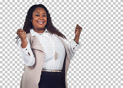 Buy stock photo Winning portrait, cheers and black woman isolated on transparent, png background in success, celebration and yes. Happy plus size person or winner with wow and fist pump to celebrate bonus or news