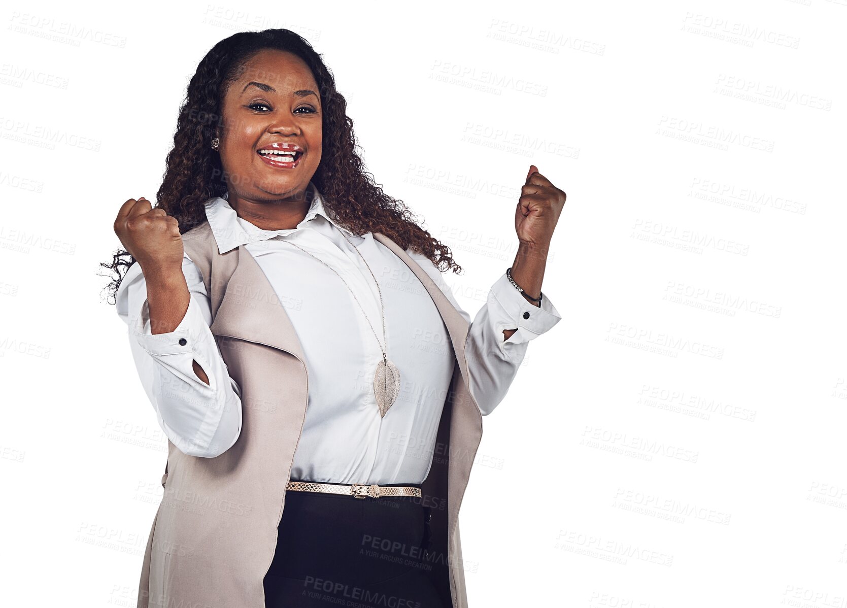 Buy stock photo Winning portrait, cheers and black woman isolated on transparent, png background in success, celebration and yes. Happy plus size person or winner with wow and fist pump to celebrate bonus or news