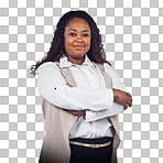 Leadership, portrait and business woman proud and confident against a white background. Leader, face and black woman standing in power, ambition and black business success while isolated on a png background