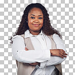 A Portrait, black woman and proud corporate employee, confident and smile on white background. Face, woman and happy worker proud of career, goal and ambition, motivated and standing isolated on a png background