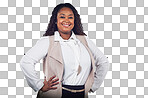 A Business, ceo and  portrait of black woman with smile, pride and leadership. Marketing, advertising and woman with empowerment in African corporate industry with mockup isolated on a png background