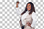 A Black woman, success and portrait of small business owner in studio for celebration.  Face, happy and business woman excited for victory, wow and good news while cheering isolated on a png background