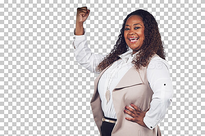 Buy stock photo Power, cheers and portrait of black woman isolated on transparent, png background for success, celebration and yes. Happy plus size person or winner in wow and fist pump for strong women empowerment