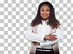 A Smile, portrait and business woman in studio, proud and empowered. Happy, leader and confident black woman with ambitious, goal and mindset standing, confident and isolated on a png background