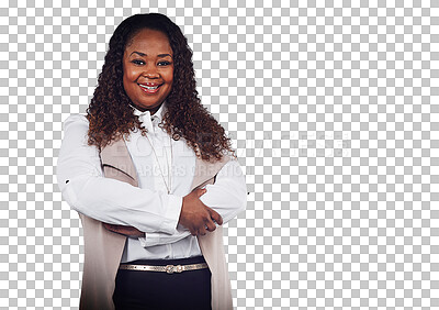 Buy stock photo Arms crossed, portrait or African businesswoman with smile or success isolated on transparent png background. Entrepreneur, confident or CEO standing with positive mindset or corporate motivation