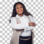 A Black woman, portrait and happy small business owner in studio, proud and smile. Face, leader and woman empowered by career, goal and startup success while standing isolated on a png background