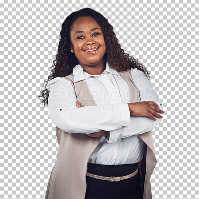 Buy stock photo Arms crossed, portrait or black woman with a business laughing isolated on transparent png background. Funny face, happy smile or proud African worker standing with positive mindset or motivation 