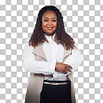 A Business woman, portrait and ceo in studio for mindset, ambition and empowered. Face, black woman and confident corporate employee relax, smile and pose while standing isolated on a png background