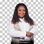 A Black woman, portrait and proud, business and leader in studio with startup vision. Face, happy and business woman proud, confident and excited for career goal while isolated on a png background