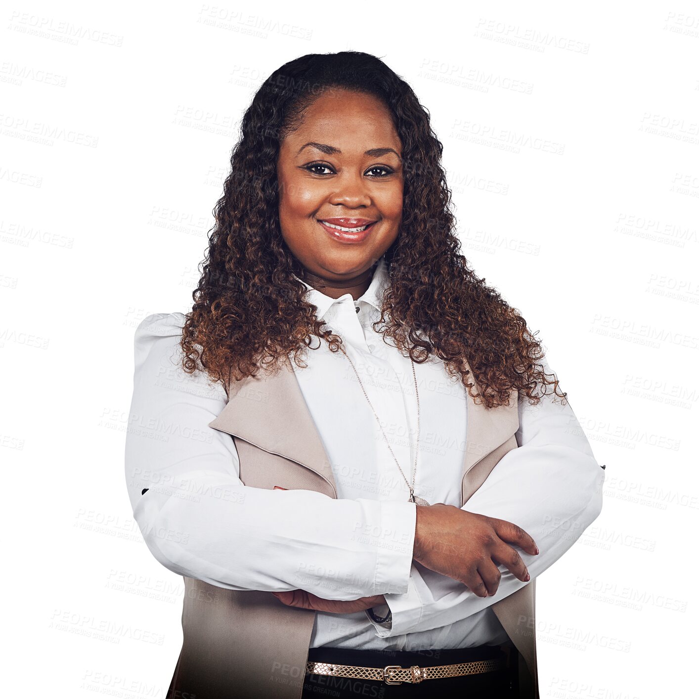 Buy stock photo Arms crossed, portrait or happy African businesswoman with success isolated on transparent png background. Face of entrepreneur, leader or worker standing with positive mindset, smile or motivation