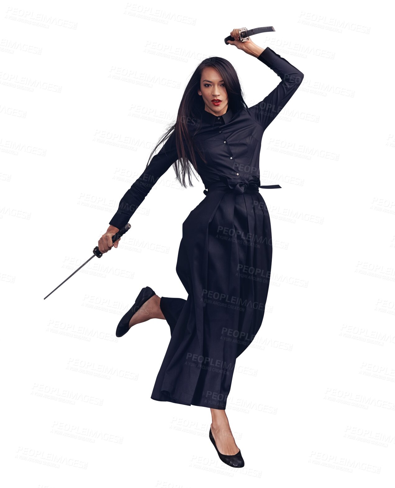 Buy stock photo Woman jump, martial arts with sword and tai chi or self defense isolated on transparent, png background. Young female fighter, karate and taekwondo with sport and training to fight and protect