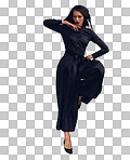 Exercise, woman and martial arts training, jump and warrior. Lady, female and ninja with traditional outfit, focus and practice for self defense and character in air isolated on a png background