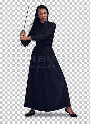 A Samurai, sword and portrait of a ninja with a martial arts or assassin fighter skill. Fantasy, cosplay and female model in a warrior costume with a machete posing isolated on a png background
