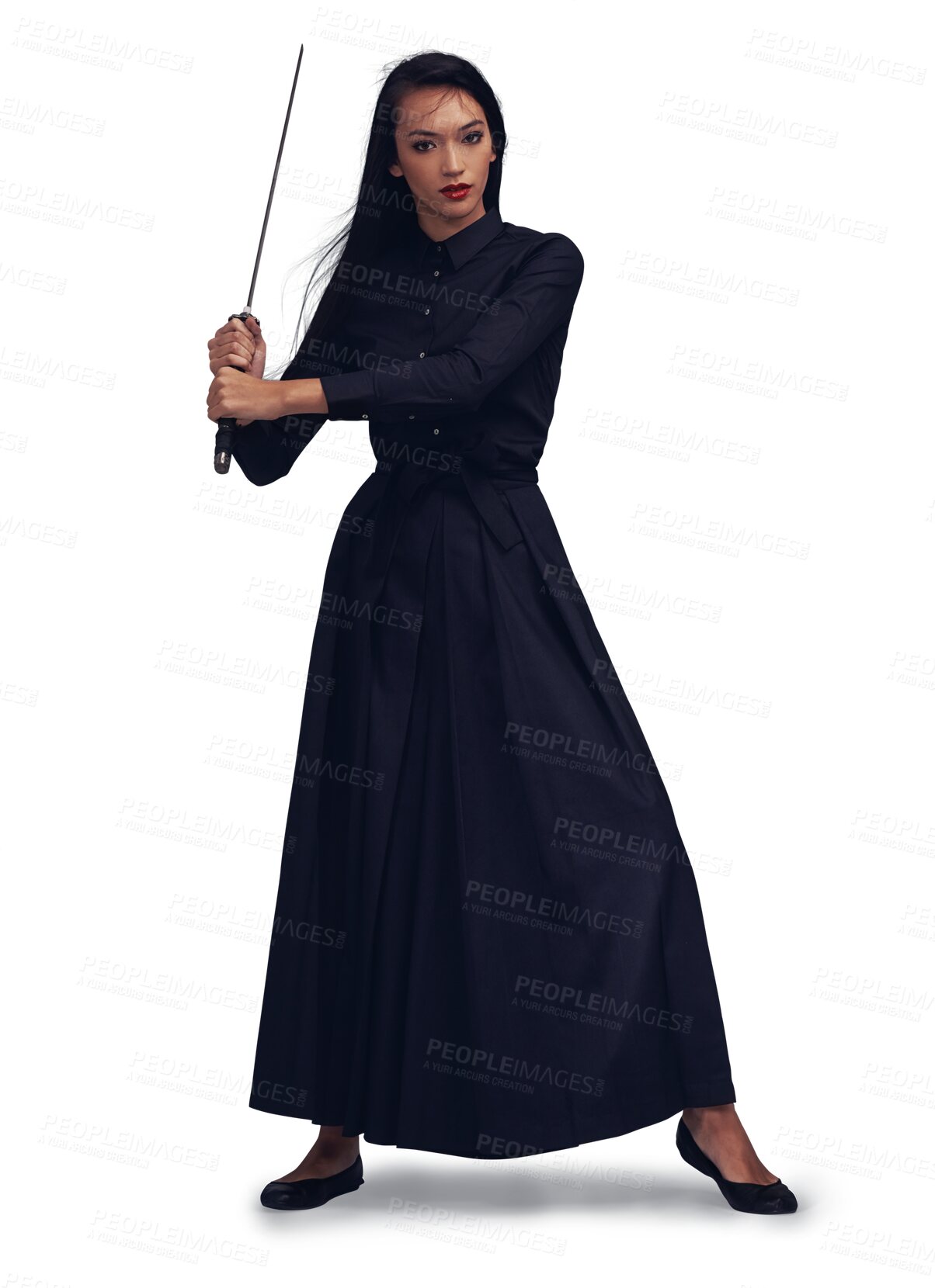 Buy stock photo Samurai portrait, sword and ninja woman isolated on transparent, png background for martial arts and fight. Fantasy, cosplay and asian person, character or warrior with a machete for karate training