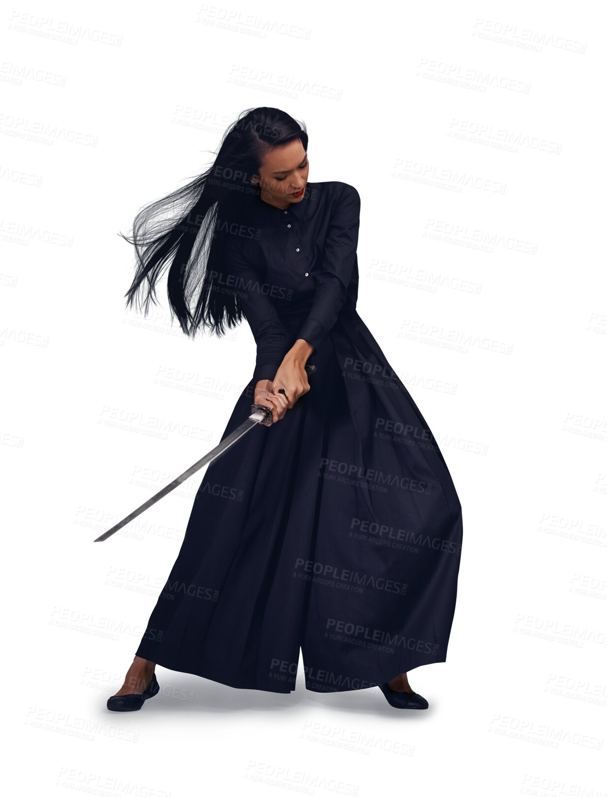 Buy stock photo Samurai, sword and martial arts woman isolated on transparent png background for action, battle and fight. Fantasy, cosplay and asian person, character or young Japanese warrior with ninja machete