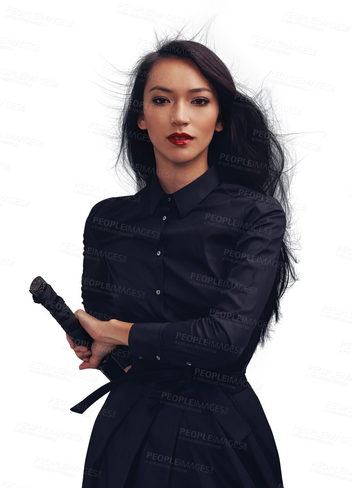 Buy stock photo Samurai woman in portrait, warrior with sword and fantasy, Japanese cosplay isolated on transparent png background. Asian female fighter, power and blade weapon with action, martial arts and ninja