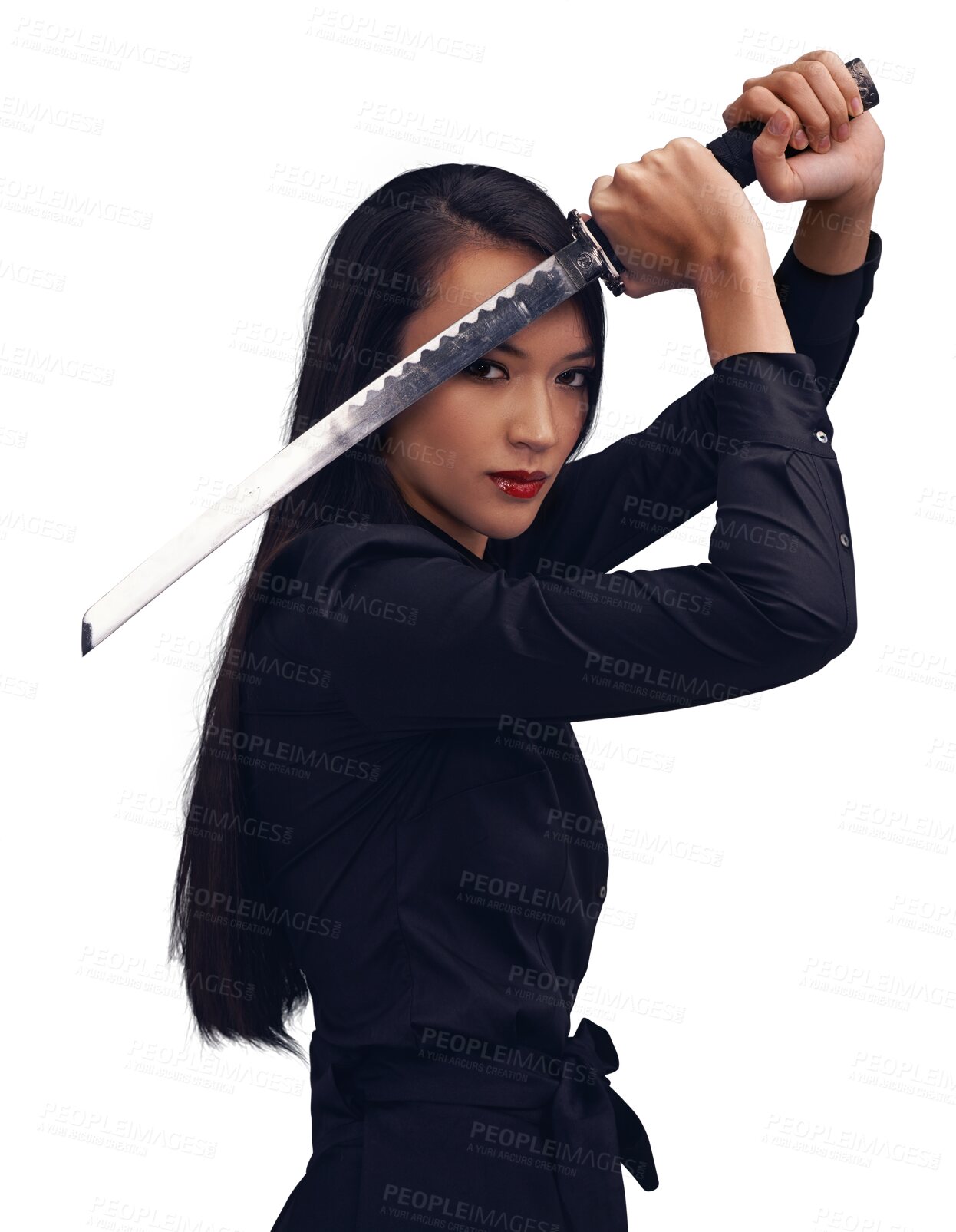 Buy stock photo Ninja woman, portrait and sword for martial arts isolated on transparent, png background in training, fight or battle. Fantasy, cosplay and asian person, character or samurai with machete for karate