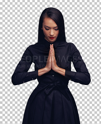 A Fitness tai chi, martial arts and woman with prayer hands. Face, karate meditation and female fighter with hand gesture ready for workout, exercise or training isolated on a png background