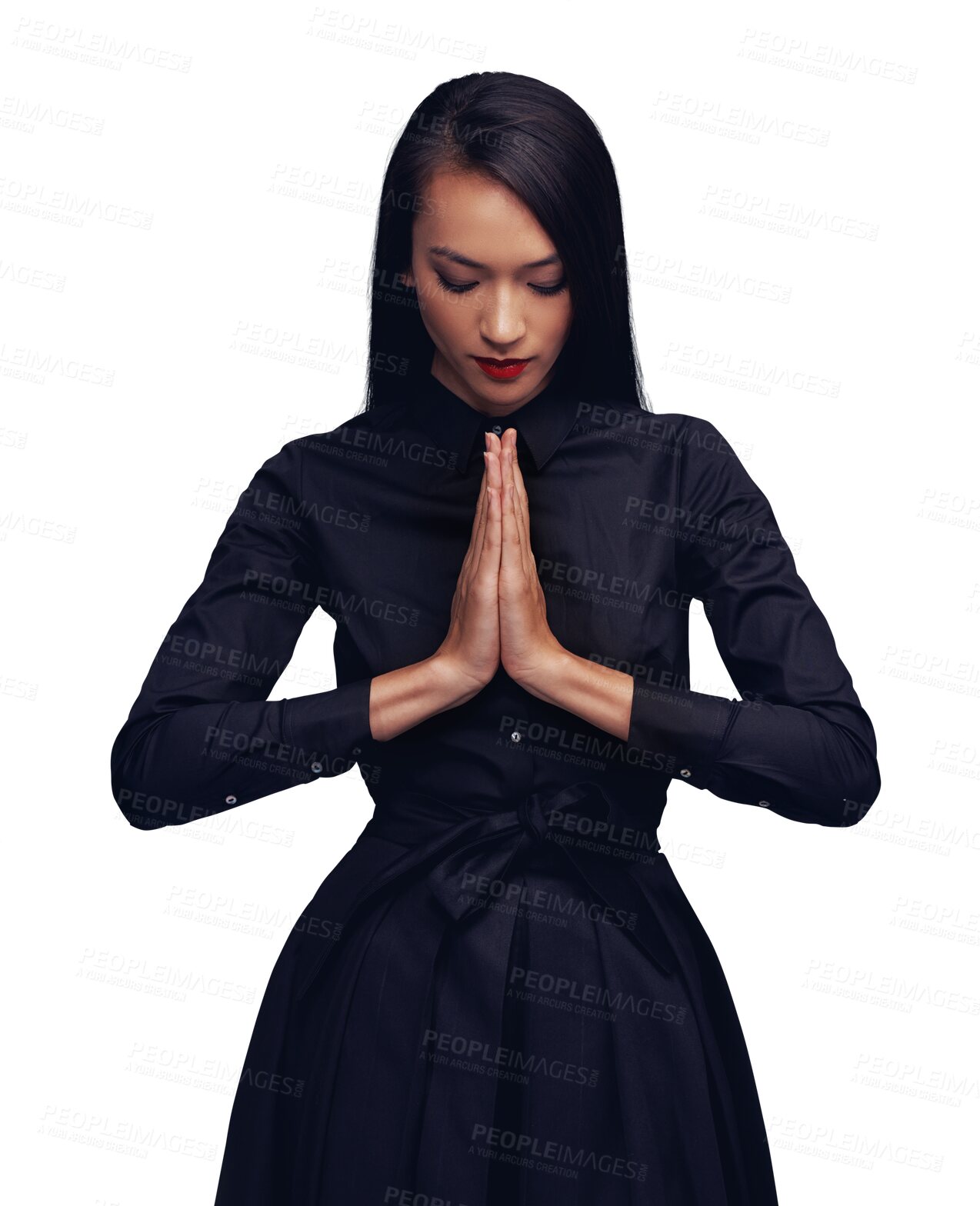 Buy stock photo Praying hands, worship and woman with peace on isolated, transparent and png background. God, prayer and christian girl pray, religion and christian, spiritual and faith or gratitude to Jesus Christ