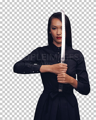 Buy stock photo Samurai woman in portrait, fighter with sword and fantasy, Japanese cosplay isolated on transparent, png background. Asian female warrior, power and metal weapon with action, martial arts and ninja