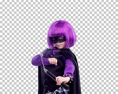 A Kid, costume girl or vigilante in portrait with nunchaku, fantasy or creative comic clothes. Kid, superhero aesthetic, mask and creative for martial arts, villain or cosplay by isolated on a png background