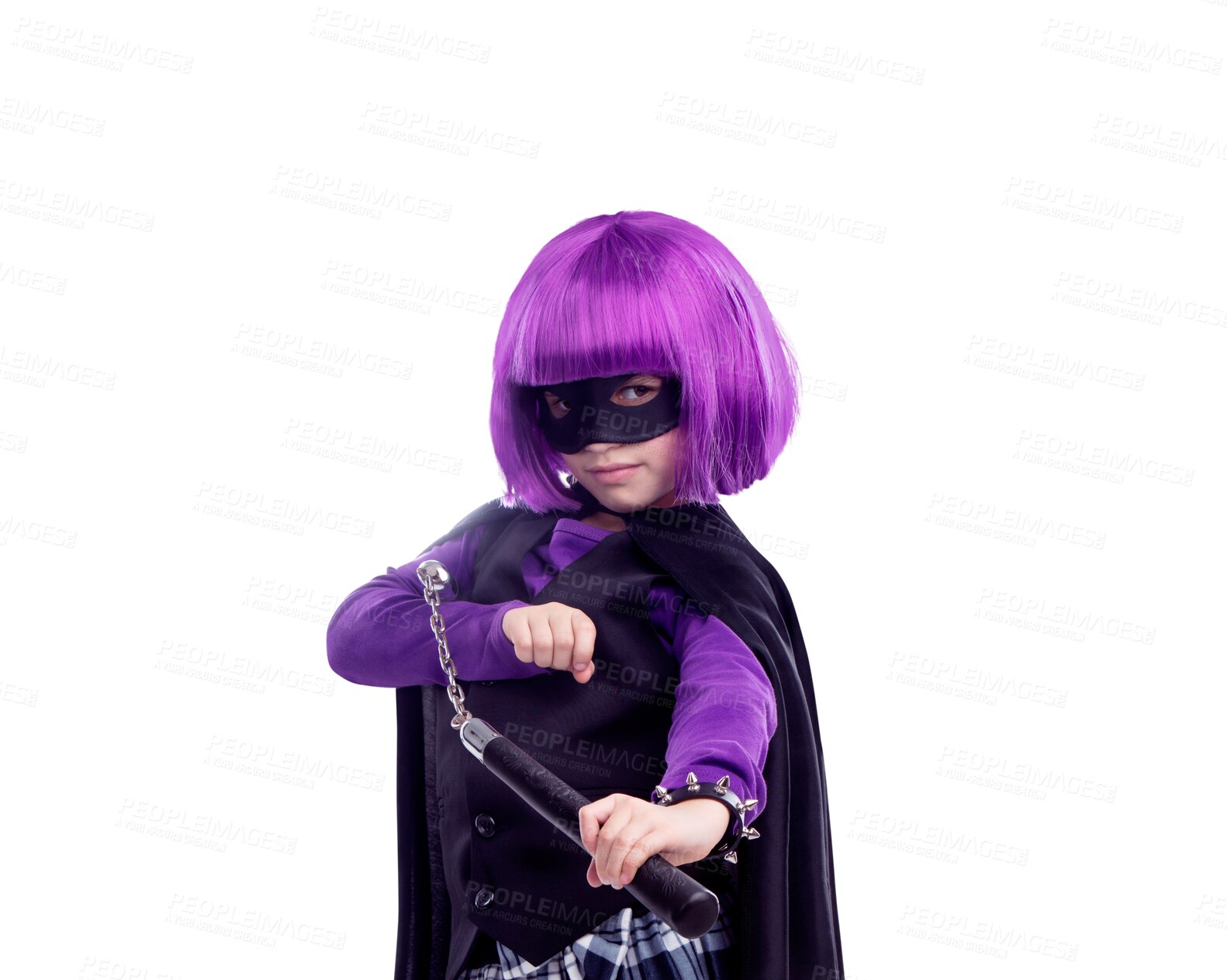 Buy stock photo Child, portrait and vigilante costume with nunchaku on isolated, transparent and png background. Kid, mask and fantasy by girl with superhero, villain and fighter cosplay or martial arts aesthetic