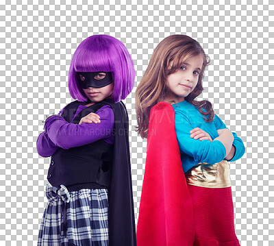 A Superhero, costume and girls in portrait in cosplay, halloween or friends birthday party. Power, anime and children in red, blue and purple design for avatar, character or villain story mockup isolated on a png background