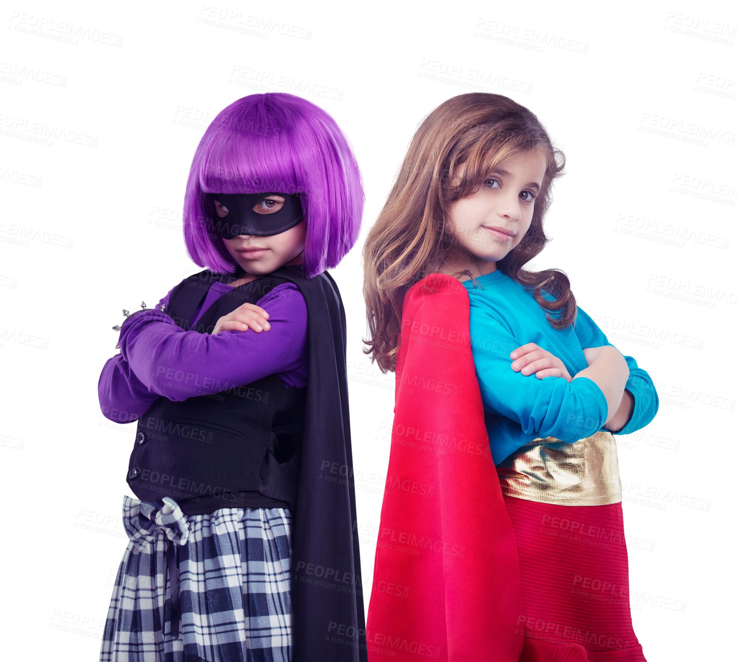 Buy stock photo A Superhero, costume and girls in portrait cosplay, halloween or friends birthday party. Power, anime and children in outfit for avatar, character or villain isolated on a transparent png background