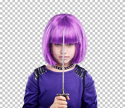 Sword, portrait and samurai girl doing fantasy role play, anime cosplay or dress up as purple superhero character. Cyberpunk warrior, scifi halloween vigilante or youth kid isolated on a png background