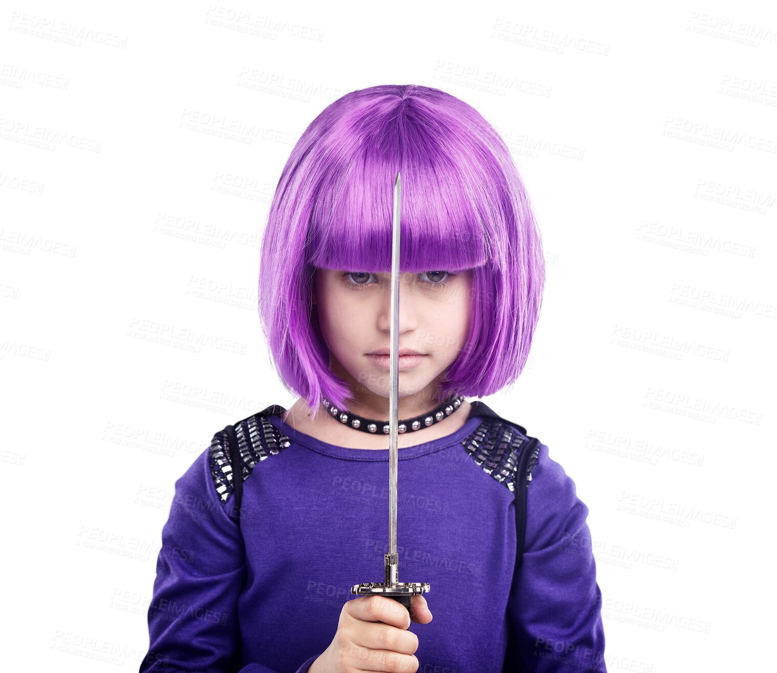 Buy stock photo Sword, portrait or samurai girl in fantasy role play, anime cosplay or dress up as purple superhero character. Cyberpunk warrior, halloween vigilante face or young kid isolated on a png background