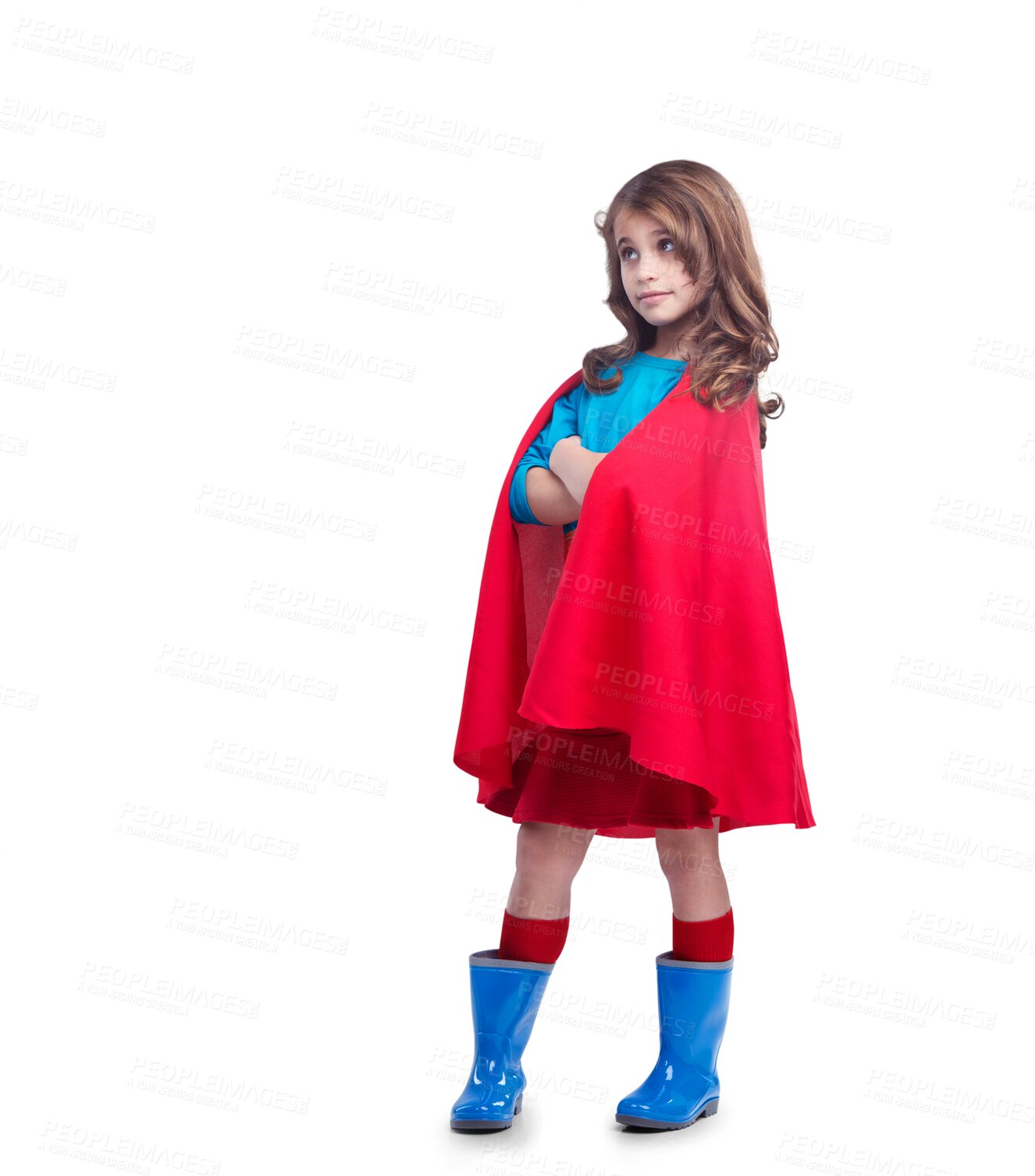 Buy stock photo Girl kid in costume, superhero with cape and arms crossed, creativity isolated on transparent, png background. Halloween, female child or confident in cosplay with vigilante, hero and comic aesthetic