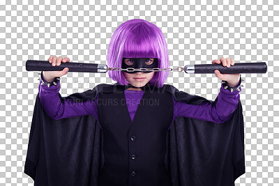 Buy stock photo Girl, portrait and child in vigilante costume with nunchaku on isolated, transparent and png background. Kid, mask and fantasy with superhero, villain and fighter cosplay or martial arts aesthetic