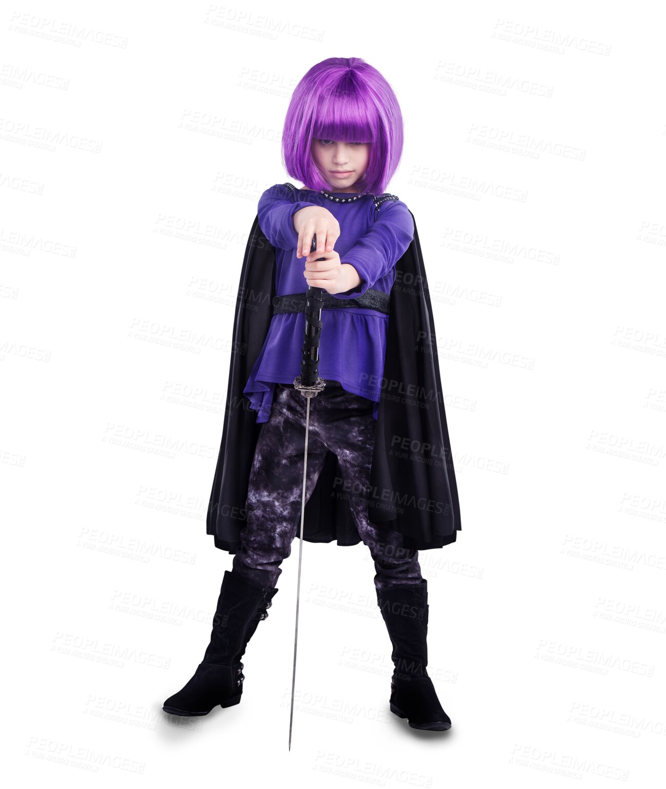 Buy stock photo Girl kid in cosplay, portrait and sword with warrior, superhero and creativity isolated on transparent, png background. Halloween, female child in costume with vigilante, villain and comic aesthetic