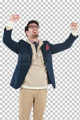 Buy stock photo Champion winner, success or happy man with fist pump in celebration of winning a bonus or business deal. Yes, wow or excited person with hands up to celebrate a reward isolated on png background