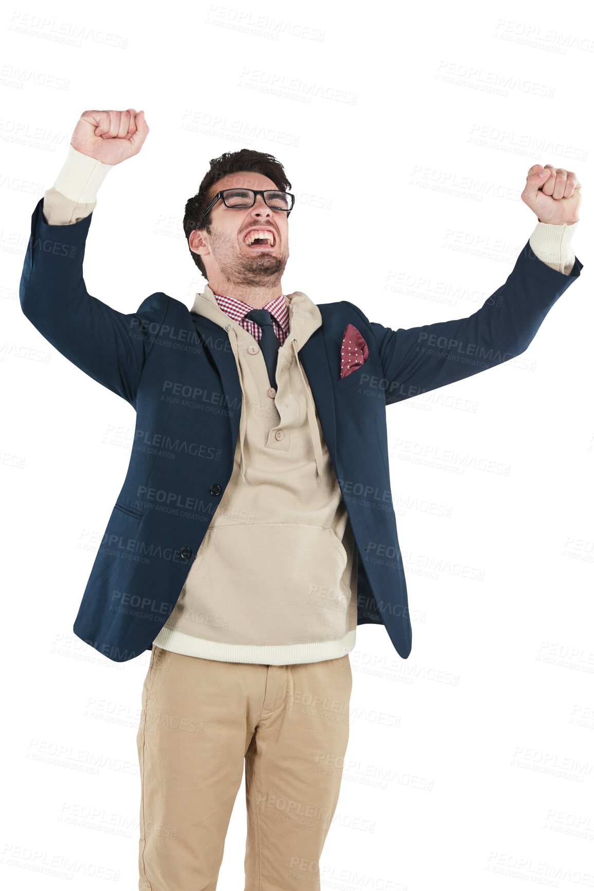 Buy stock photo Champion winner, success or happy man with fist pump in celebration of winning a bonus or business deal. Yes, wow or excited person with hands up to celebrate a reward isolated on png background