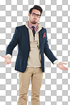 Fashion and man with a dont know gesture with a casual, style and trendy outfit. Serious, confused and portrait of a male person with stylish clothes and glasses isolated on a png background