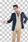 A Man, portrait and nerd pointing with happiness and smile. Happy, geek and young person with casual business style smiling with hand point in a studio feeling positive isolated on a png background