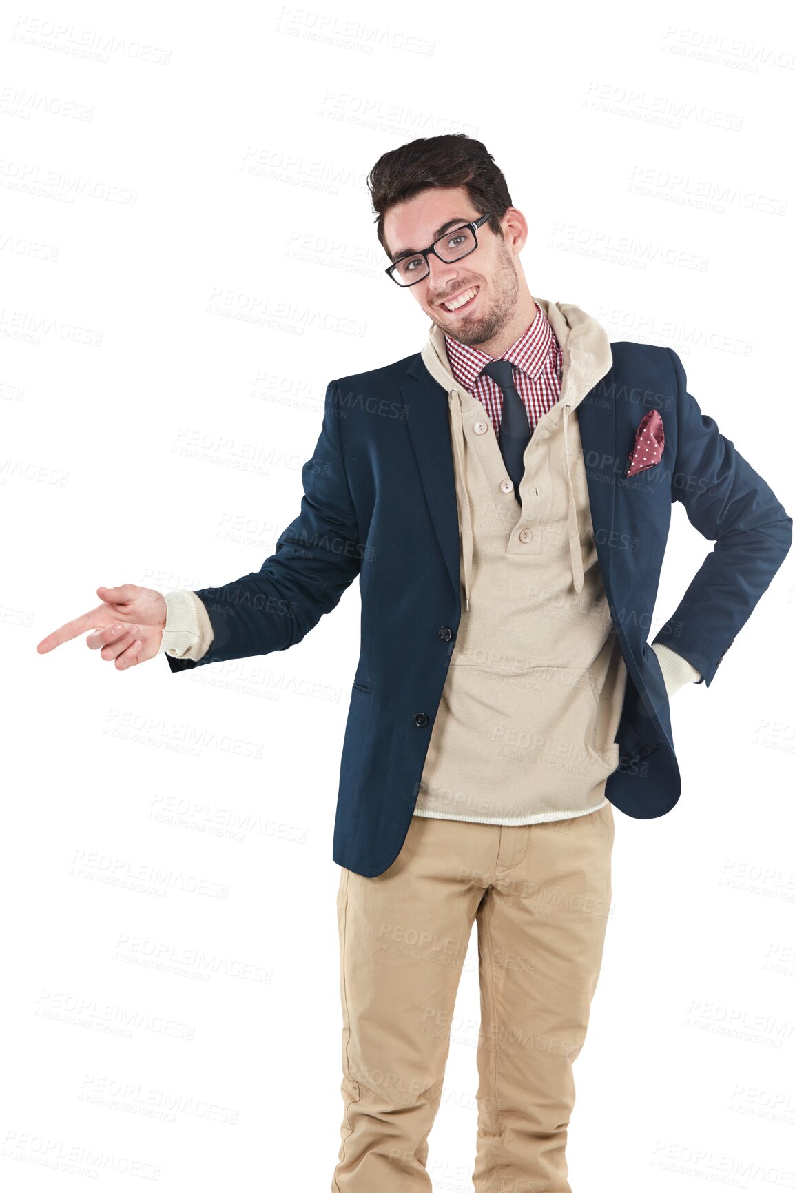 Buy stock photo Portrait, happy man or nerd pointing with smile or happiness in glasses, cool style or trendy model outfit. Fashionable person in casual business clothes with hand point isolated on a png background