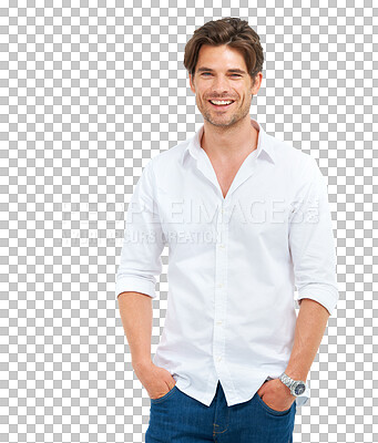 Buy stock photo Handsome, young and man with casual fashion, apparel and luxury classy white shirt and jeans. Natural happy male and portrait of model with trendy clothes isolated on a transparent png background