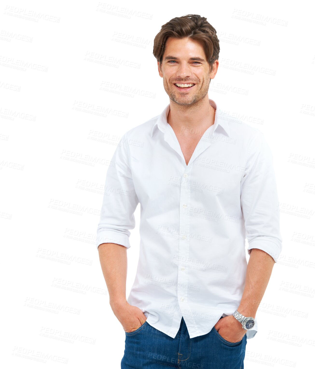 Buy stock photo Handsome, young and man with casual fashion, apparel and luxury classy white shirt and jeans. Natural happy male and portrait of model with trendy clothes isolated on a transparent png background