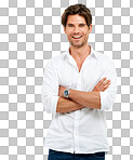 Portrait, smile and man arms crossed, fashion and confident guy isolated on a png background. Male, gentleman and gesture for success, casual outfit and leadership with happiness and wellness