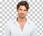 Portrait, attractive and confident man in studio, relax and smile while standing against isolated on a png background. Face, model and casual, handsome male posing with mockup, smirk and thinking while isolated