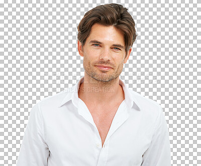 Buy stock photo Portrait, attractive and confident man smile, relax and standing isolated on a transparent png background. Face, model and casual, handsome male posing with smirk, flirt and white shirt or thinking