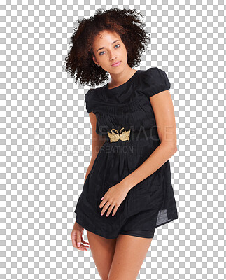 Buy stock photo Fashion, portrait and woman clothes and beauty, retail or trendy style isolated on a transparent png background. Designer brand, confident woman model with black dress, afro and posing in confidence