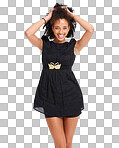 Fashion, happy and portrait of a black woman in studio with casual, designer brand and chic clothes. Style, young and African model with a stylish, apparel and cute dress outfit by a isolated on a png background