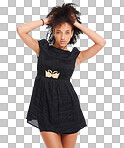 Fashion, beauty and portrait of a black woman with natural hair on isolated on a png background wearing a black dress. Young female model posing with free space for marketing and advertising cosmetics or clothes